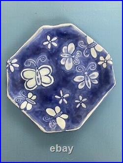 Damariscotta Pottery Maine Signed Octagonal Plate Butterflies Blue Mint White