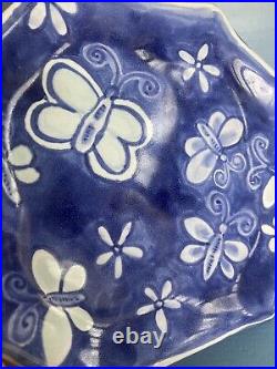 Damariscotta Pottery Maine Signed Octagonal Plate Butterflies Blue Mint White