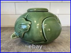 Deborah Shapiro Pottery Green Sleeping Cat Figural Floral Frog Vase Signed