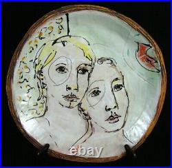 Debra Fritts Studio Art Pottery Bowl/Platter Hand Painted Faces Impressionism