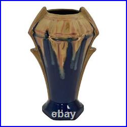 Denbac French Vintage Art Deco Pottery Brown Blue Handled Ceramic Vase 543