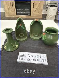 Door Art Pottery Attributed Scott Draves Matte Green 4pc Wall Shrine Candle Set