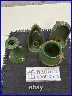 Door Art Pottery Attributed Scott Draves Matte Green 4pc Wall Shrine Candle Set