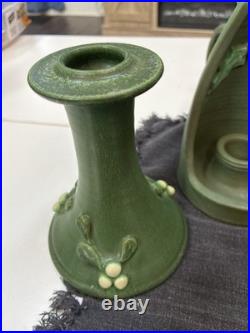 Door Art Pottery Attributed Scott Draves Matte Green 4pc Wall Shrine Candle Set