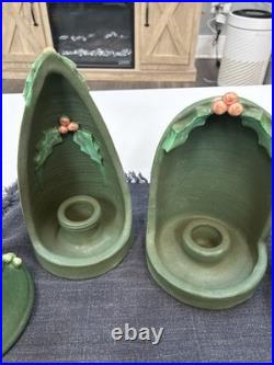 Door Art Pottery Attributed Scott Draves Matte Green 4pc Wall Shrine Candle Set