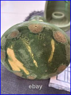 Door Art Pottery Attributed Scott Draves Matte Green 4pc Wall Shrine Candle Set