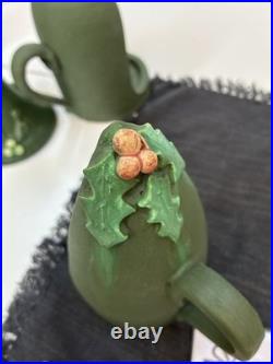 Door Art Pottery Attributed Scott Draves Matte Green 4pc Wall Shrine Candle Set