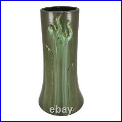 Door Hand Made Arts And Crafts Pottery Floral Matte Green Ceramic Vase