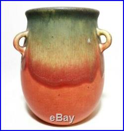 Early Weller Arts & Crafts Vint Drip Glazed, Tri-handled Fruit-tone Ceramic Vase