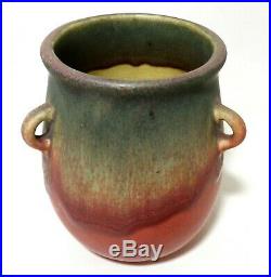 Early Weller Arts & Crafts Vint Drip Glazed, Tri-handled Fruit-tone Ceramic Vase