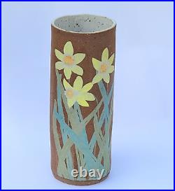 Emily Rossheim Signed Ceramic Painted Vase 10 Tan Yellow Fine Art Pottery