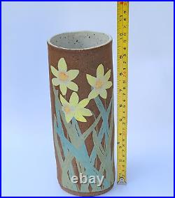 Emily Rossheim Signed Ceramic Painted Vase 10 Tan Yellow Fine Art Pottery