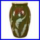 European Art Pottery 1990s Vintage Hand Painted Red Floral Green Ceramic Vase