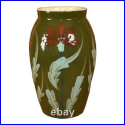 European Art Pottery 1990s Vintage Hand Painted Red Floral Green Ceramic Vase European Art Pottery 1990s Vintage Hand Painted Red Floral Green Ceramic Vase