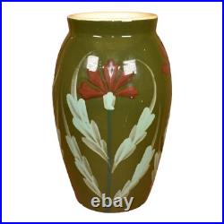European Art Pottery 1990s Vintage Hand Painted Red Floral Green Ceramic Vase