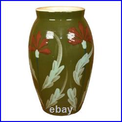 European Art Pottery 1990s Vintage Hand Painted Red Floral Green Ceramic Vase