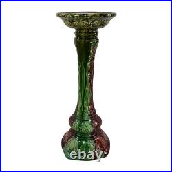 European Art Pottery Blended Majolica Green Red Floral Design Ceramic Pedestal