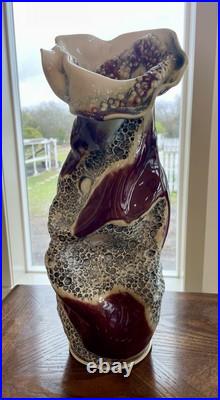 Exquisite Signed Art Pottery Handmade Sculpted Vase Red Maroon Gray Cream