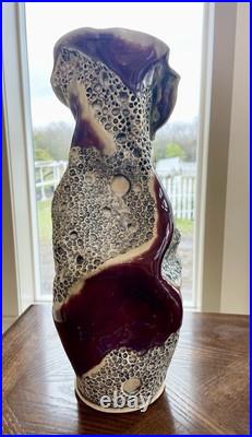 Exquisite Signed Art Pottery Handmade Sculpted Vase Red Maroon Gray Cream