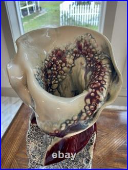 Exquisite Signed Art Pottery Handmade Sculpted Vase Red Maroon Gray Cream
