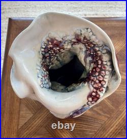 Exquisite Signed Art Pottery Handmade Sculpted Vase Red Maroon Gray Cream