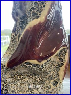 Exquisite Signed Art Pottery Handmade Sculpted Vase Red Maroon Gray Cream