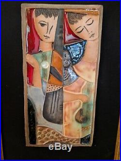 FRAMED RUTH FAKTOR FACTOR ART POTTERY TILE CERAMIC SCULPTURE COUPLE 13x7