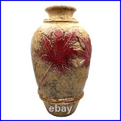 Fall Maple leaves art pottery vase signed Orange Gold Red 11 tall German