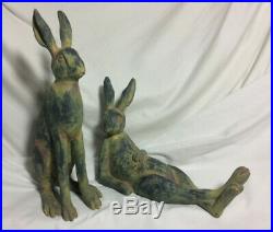 Folk Art Ceramic Pottery Rabbit Bunny Statue Set Antique Style Primitive Easter