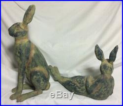 Folk Art Ceramic Pottery Rabbit Bunny Statue Set Antique Style Primitive Easter