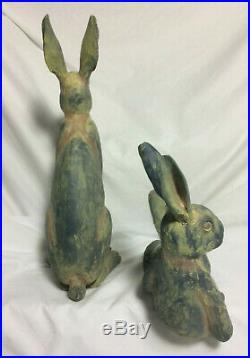 Folk Art Ceramic Pottery Rabbit Bunny Statue Set Antique Style Primitive Easter