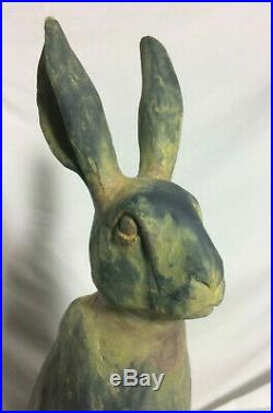 Folk Art Ceramic Pottery Rabbit Bunny Statue Set Antique Style Primitive Easter