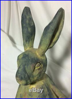 Folk Art Ceramic Pottery Rabbit Bunny Statue Set Antique Style Primitive Easter