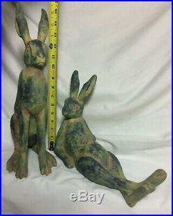 Folk Art Ceramic Pottery Rabbit Bunny Statue Set Antique Style Primitive Easter