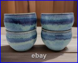 Four Signed Studio Art Pottery deep Blue Drip Glaze Swirl Bowls, home decor 5x4