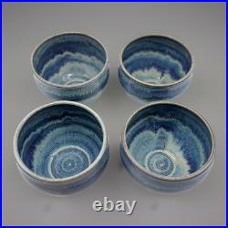 Four Signed Studio Art Pottery deep Blue Drip Glaze Swirl Bowls, home decor 5x4