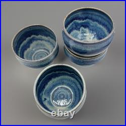 Four Signed Studio Art Pottery deep Blue Drip Glaze Swirl Bowls, home decor 5x4