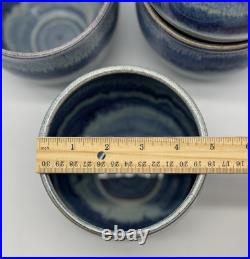 Four Signed Studio Art Pottery deep Blue Drip Glaze Swirl Bowls, home decor 5x4