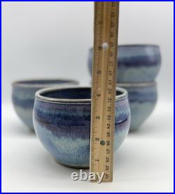 Four Signed Studio Art Pottery deep Blue Drip Glaze Swirl Bowls, home decor 5x4