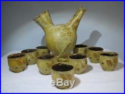 Frances Senska Original Studio Pottery- Pitcher & 9 Cups- Ceramic Carafe Bird