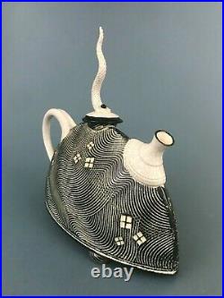 G Woods 2005 Signed Art Pottery Textured Black White Ceramic Teapot Swirl Lid