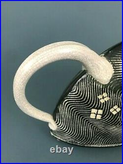 G Woods 2005 Signed Art Pottery Textured Black White Ceramic Teapot Swirl Lid