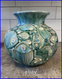 Global Views Ceramic Pottery 10 Blue Drip Glaze Fish Vase Planter
