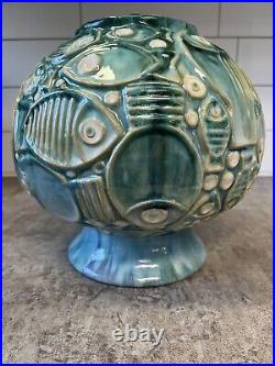 Global Views Ceramic Pottery 10 Blue Drip Glaze Fish Vase Planter