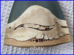 Gorgeous signed RICK SCHLAG Art Pottery Blue Ceramic Vase Southwest Landscape