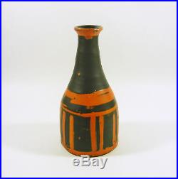 Gorka Livia, Black & Orange Striped Retro Vase 7.8, 1950's Art Pottery