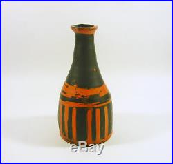 Gorka Livia, Black & Orange Striped Retro Vase 7.8, 1950's Art Pottery