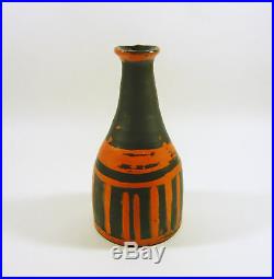 Gorka Livia, Black & Orange Striped Retro Vase 7.8, 1950's Art Pottery