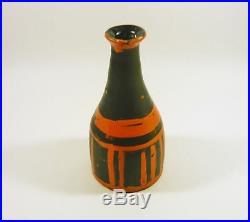 Gorka Livia, Black & Orange Striped Retro Vase 7.8, 1950's Art Pottery