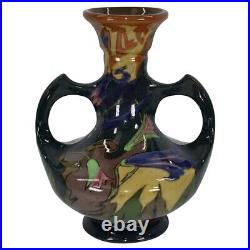 Gouda Pottery High Glaze Floral Two Handled Ceramic Vase